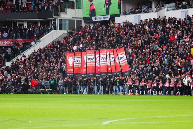 2025-03-30 PSV v AFC Ajax - Dutch Eredivisie EINDHOVEN, NETHERLANDS - MARCH 30: Banners of achievements of PSV during the Dutch Eredivisie match between PSV and AFC Ajax at Philips Stadion on March 30, 2025 in Eindhoven, Netherlands. Eindhoven Philips Stadion Netherlands Content not available for redistribution in The Netherlands directly or indirectly through any third parties. Copyright: xBenxGalx