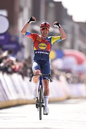 Danish Mads Pedersen of Lidl-Trek wins the men elite Gent-Wevelgem - In Flanders Fields one day cycling race, 250.3 km from Ieper to Wevelgem, Sunday 30 March 2025. JASPERxJACOBS  x117232860x