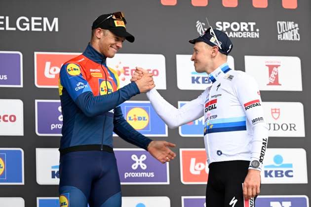 Gent - Wevelgem in Flanders Fields 2025 WEVELGEM, BELGIUM - MARCH 30 : Milan Jonathan (ITA) of Lidl - Trek, Merlier Tim (BEL) of Soudal Quick-Step on the podium pictured during 87th edition of the UCI World Tour Gent - Wevelgem in Flanders Fields cycling race for Men Elite with start in Ieper and finish in Wevelgem after 250 km on March 30, 2025 in Wevelgem, Belgium, 30 03 2025 Wevelgem Belgium  Copyright: xJanxDexMeuleneirx