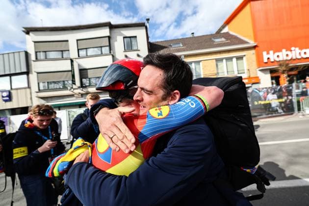 Danish Mads Pedersen of Lidl-Trek celebrates after winning the men elite Gent-Wevelgem - In Flanders Fields one day cycling race, 250.3 km from Ieper to Wevelgem, Sunday 30 March 2025. DAVIDxPINTENS  x117246968x
