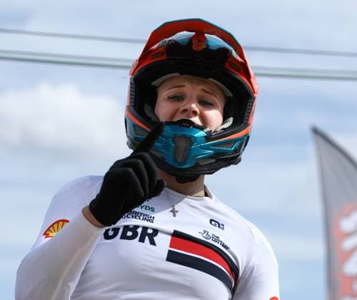March 30, 2025, Verona, Veneto, Italy: FREIA CHALLIS of Great Britain reacts to winning the Women Junior final of the UEC BMX European Cup Round 2 in Verona, Italy Verona Italy - ZUMAc179 20250330_zep_c179_061 Copyright: xMickaelxChavetx