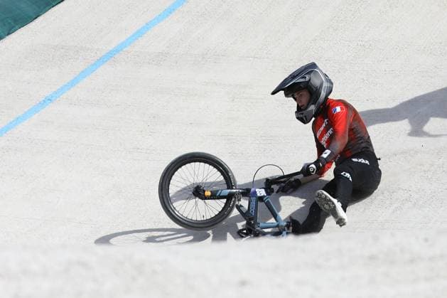 March 30, 2025, Verona, Veneto, Italy: Lino HARSCOET of France falls during the Men Junior quarterfinal at the UEC BMX European Cup Round 2 in Verona, Italy Verona Italy - ZUMAc179 20250330_zep_c179_085 Copyright: xMickaelxChavetx