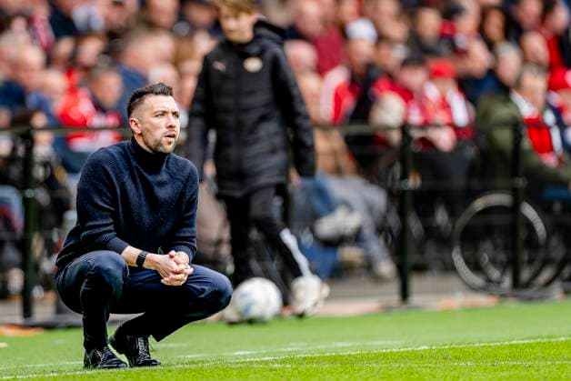 AFC Ajax Amsterdam trainer Francesco Farioli during the match PSV - Ajax at the Philips stadium for the Dutch Eredivisie season 2024-2025 in EINDHOVEN, Netherlands on 30 march 2025, (photo by Marcel van Dorst EYE4images DeFodi Images)