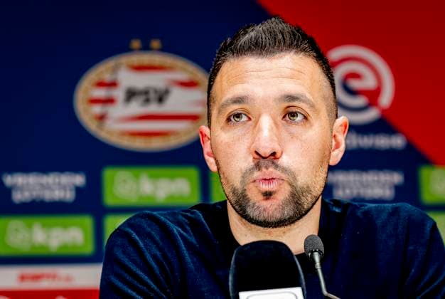 AFC Ajax Amsterdam trainer Francesco Farioli during te press conference, PK, Pressekonferenz after the match the match PSV - Ajax at the Philips stadium for the Dutch Eredivisie season 2024-2025 in EINDHOVEN, Netherlands on 30 march 2025, (photo by Marcel van Dorst EYE4images DeFodi Images)