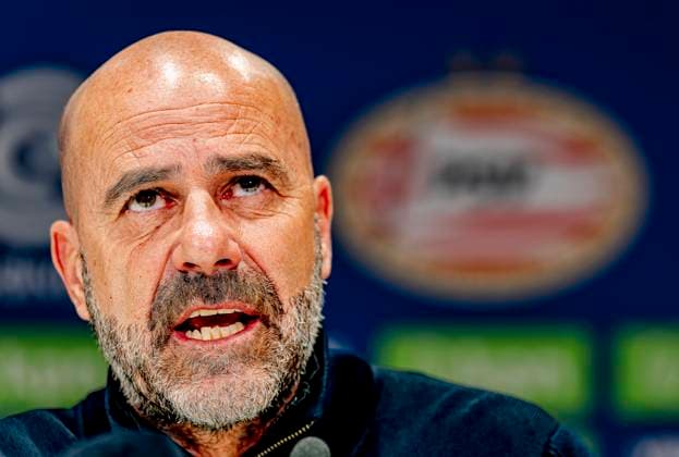 PSV Eindhoven trainer Peter Bosz during the press conference, PK, Pressekonferenz after the match the match PSV - Ajax at the Philips stadium for the Dutch Eredivisie season 2024-2025 in EINDHOVEN, Netherlands on 30 march 2025, (photo by Marcel van Dorst EYE4images DeFodi Images)