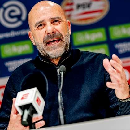 PSV Eindhoven trainer Peter Bosz during the press conference, PK, Pressekonferenz after the match the match PSV - Ajax at the Philips stadium for the Dutch Eredivisie season 2024-2025 in EINDHOVEN, Netherlands on 30 march 2025, (photo by Marcel van Dorst EYE4images DeFodi Images)