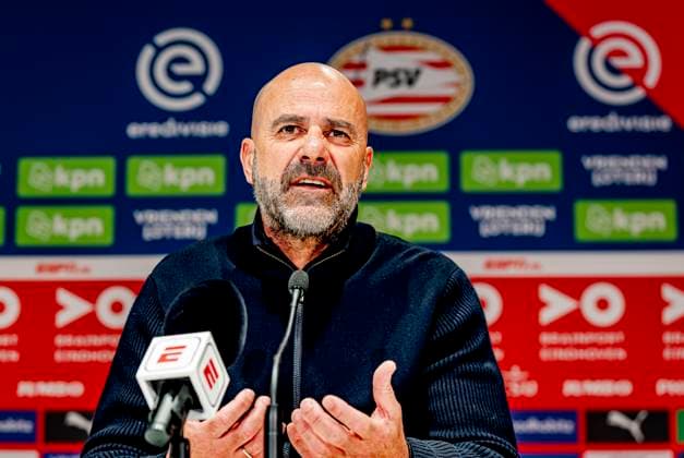 PSV Eindhoven trainer Peter Bosz during the press conference, PK, Pressekonferenz after the match the match PSV - Ajax at the Philips stadium for the Dutch Eredivisie season 2024-2025 in EINDHOVEN, Netherlands on 30 march 2025, (photo by Marcel van Dorst EYE4images DeFodi Images)