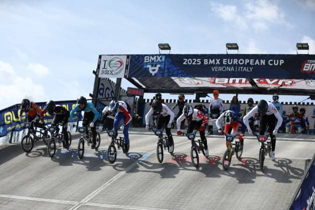 March 30, 2025, Verona, Veneto, Italy: Men Junior riders at the start during the UEC BMX European Cup Round 2 in Verona, Italy Verona Italy - ZUMAc179 20250330_zep_c179_108 Copyright: xMickaelxChavetx