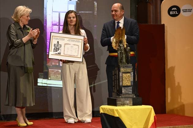 Princess Astrid of Belgium, Belgian Lotte Kopecky and Bruxelles-Brussel mayor Philippe Close pictured during the award ceremony for the National Trophy of Sports Merit 2024 (Trophee National du Merite Sportif - Nationale Trofee voor Sportverdienste), at the Brussels City Hall, . DIRKxWAEM  x117614774x