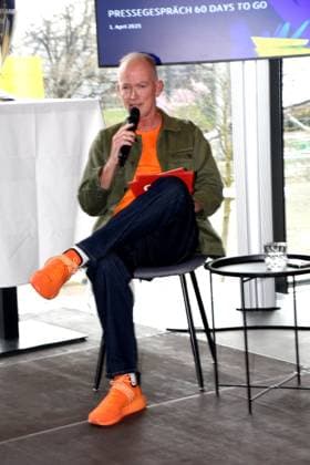 Mike Thiel Moderator Muenchen 01.04.2025 Coubertin im Olympiapark, Am 28. 05.2025 startet das Champions Festival im Olympiapark und das Highlight des Rahmenprogramms rund um das Finale der UEFA Champions League 2025 am 31. Mai in Muenchen.