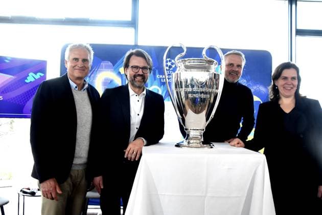Klaus Cyron Organisator Rahmenprogramm Florian Kraus Sportreferent Muenchen Dietmar Hamann UEFA-Botschafter FC-Bayern-Verena Dietl Buergermeisterin Muenchen 01.04.2025 Coubertin im Olympiapark, Am 28. 05.2025 startet das Champions Festival im Olympiapark und das Highlight des Rahmenprogramms rund um das Finale der UEFA Champions League 2025 am 31. Mai in Muenchen.