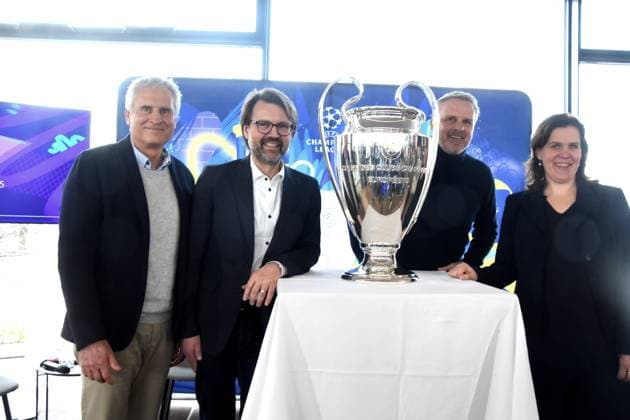 Klaus Cyron Organisator Rahmenprogramm Florian Kraus Sportreferent Muenchen Dietmar Hamann UEFA-Botschafter FC-Bayern-Verena Dietl Buergermeisterin Muenchen 01.04.2025 Coubertin im Olympiapark, Am 28. 05.2025 startet das Champions Festival im Olympiapark und das Highlight des Rahmenprogramms rund um das Finale der UEFA Champions League 2025 am 31. Mai in Muenchen.
