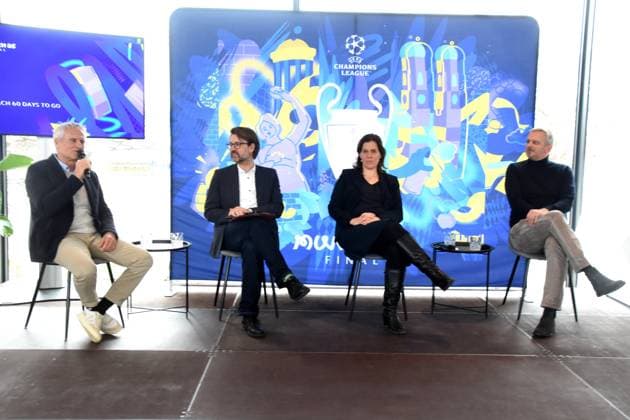 Klaus Cyron Organisator Rahmenprogramm Florian Kraus Sportreferent Muenchen Verena Dietl Buergermeisterin Dietmar Hamann UEFA-Botschafter FC-Bayern-Legende Muenchen 01.04.2025 Coubertin im Olympiapark, Am 28. 05.2025 startet das Champions Festival im Olympiapark und das Highlight des Rahmenprogramms rund um das Finale der UEFA Champions League 2025 am 31. Mai in Muenchen.