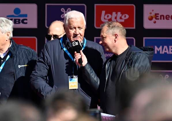 Dwars door Vlaanderen 2025 - Men Elite WAREGEM, BELGIUM - APRIL 02 : Lefevere Patrick (BEL) former General manager of Soudal - Quick Step pictured during the 79th edition of the UCI World Tour Dwars door Vlaanderen Men Elite cycling race with start in Roeselare and finish in Waregem after 184,2 km on April 2, 2025 in Waregem, Belgium, 02 04 2025 ( motor drive Kenny Verfaillie - Waregem Belgium  Copyright: xJanxDexMeuleneirx