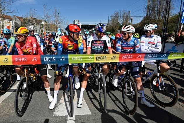 Dwars door Vlaanderen 2025 - Men Elite WAREGEM, BELGIUM - APRIL 02 : Kristoff Alexander (NOR) of Uno-X Mobility, Stuyven Jasper (BEL) of Lidl - Trek, , Lampaert Yves (BEL) of Soudal - Quick Step, Merlier Tim (BEL) of Soudal - Quick Step pictured during the 79th edition of the UCI World Tour Dwars door Vlaanderen Men Elite cycling race with start in Roeselare and finish in Waregem after 184,2 km on April 2, 2025 in Waregem, Belgium, 02 04 2025 ( motor drive Kenny Verfaillie - Waregem Belgium  Copyright: xJanxDexMeuleneirx