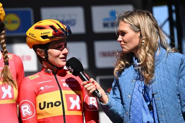 Dwars door Vlaanderen 2025 - Women Elite WAREGEM, BELGIUM - APRIL 02 : Confalonieri Maria Giulia (ITA) of Uno-X Mobility during the Women Elite UCI 1.Pro Flanders Classics Dwars door Vlaanderen Women cycling race with start in Waregem and finish in Waregem (128,5 km) on April 02, 2025 in Waregem, Belgium, 02 04 2025 ( Motordriver Tom Van De Maele & Waregem Belgium  Copyright: xTomasxSiskx