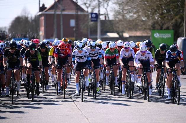 Dwars door Vlaanderen 2025 - Women Elite WAREGEM, BELGIUM - APRIL 02 : riders of Uae Team leading the peloton during the Women Elite UCI 1.Pro Flanders Classics Dwars door Vlaanderen Women cycling race with start in Waregem and finish in Waregem (128,5 km) on April 02, 2025 in Waregem, Belgium, 02 04 2025 ( Motordriver Tom Van De Maele & Waregem Belgium  Copyright: xTomasxSiskx