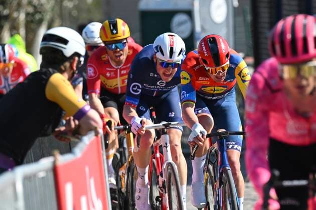 Dwars door Vlaanderen 2025 - Men Elite WAREGEM, BELGIUM - APRIL 02 : Pedersen Mads (DEN) of Lidl - Trek, Kung Stefan (SUI) of Groupama - FDJ pictured during the 79th edition of the UCI World Tour Dwars door Vlaanderen Men Elite cycling race with start in Roeselare and finish in Waregem after 184,2 km on April 2, 2025 in Waregem, Belgium, 02 04 2025 ( motor drive Kenny Verfaillie - Waregem Belgium  Copyright: xTimxDexWaelex xPoolx