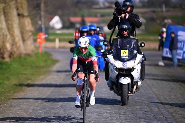 Dwars door Vlaanderen 2025 - Women Elite WAREGEM, BELGIUM - APRIL 02 : Longo Borghini Elisa (ITA) of UAE Team ADQ during the Women Elite UCI 1.Pro Flanders Classics Dwars door Vlaanderen Women cycling race with start in Waregem and finish in Waregem (128,5 km) on April 02, 2025 in Waregem, Belgium, 02 04 2025 ( Motordriver Tom Van De Maele & Waregem Belgium  Copyright: xTomasxSiskx