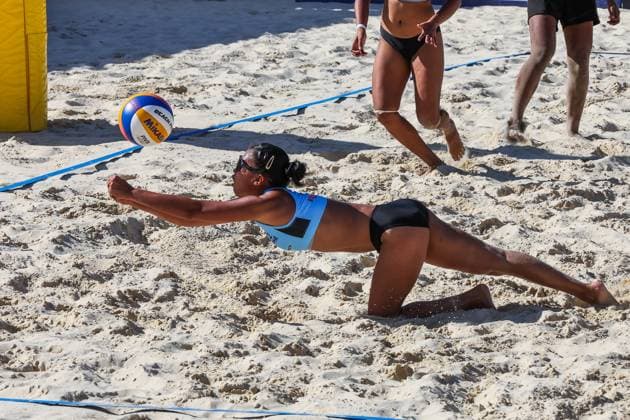 (250403) -- LAGUNA PROVINCE, April 3, 2025 -- Honey Grace Cordero of the Philippines compete during the women s pool G match between Samitta Simarongnam Salinda Mungkhon of Thailand and Kathrina Epa Honey Grace Cordero of the Philippines in the AVC Beach volleyball, Beachvolleyball Tour 2nd Nuvali Open in Laguna Province, the Philippines, April 2, 2025. ) (SP)PHILIPPINES-LAGUNA PROVINCE-BEACH VOLLEYBALL-TOUR-2ND NUVALI OPEN-WOMEN ROUELLExUMALI 