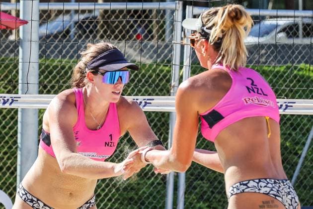 (250403) -- LAGUNA PROVINCE, April 3, 2025 -- Shaunna Polley (L) and Olivia MacDonald of New Zealand celebrate after scoring during the women s pool C match between Shaunna Polley Olivia MacDonald of New Zealand and To Wing Tung To Wing Man of China s Hongkong in the AVC Beach volleyball, Beachvolleyball Tour 2nd Nuvali Open in Laguna Province, the Philippines, April 2, 2025. ) (SP)PHILIPPINES-LAGUNA PROVINCE-BEACH VOLLEYBALL-TOUR-2ND NUVALI OPEN-WOMEN ROUELLExUMALI 