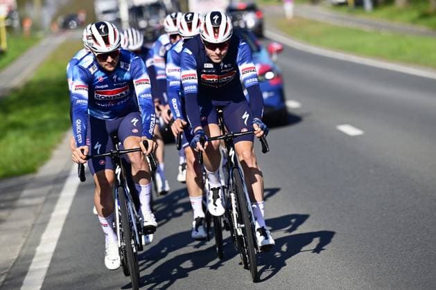 Soudal Quick-Step riders pictured during a track reconaissance ahead of the Ronde van Vlaanderen Tour des Flandres Tour of Flanders cycling race, Thursday 03 April 2025. The 109th edition of the cycling race will take place on Sunday 06 April. DIRKxWAEM  x118575493x