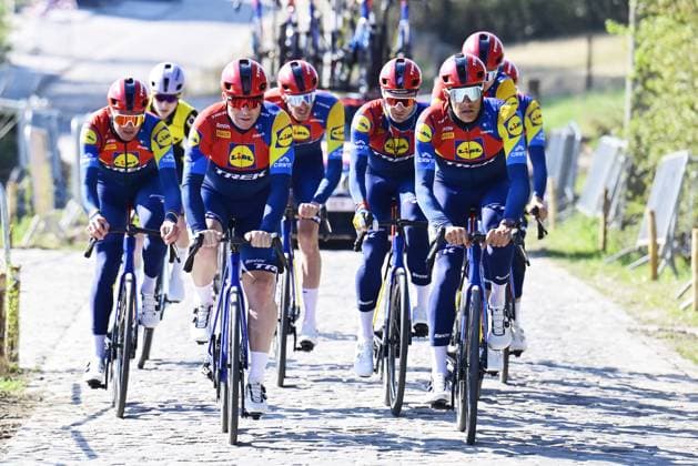 Danish Mads Pedersen of Lidl-Trek (L) and Belgian Jasper Stuyven of Lidl-Trek pictured during a track reconaissance ahead of the Ronde van Vlaanderen Tour des Flandres Tour of Flanders cycling race, Thursday 03 April 2025. The 109th edition of the cycling race will take place on Sunday 06 April. DIRKxWAEM  x118578243x