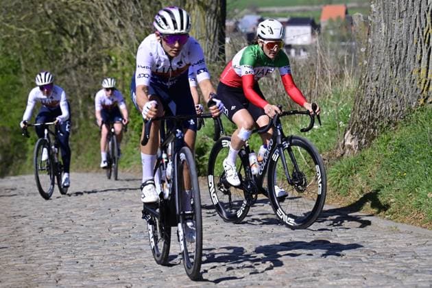 Italian Elisa Longo Borghini of UAE Team ADQ (R) pictured during a track reconaissance ahead of the Ronde van Vlaanderen Tour des Flandres Tour of Flanders cycling race, Thursday 03 April 2025. The 109th edition of the cycling race will take place on Sunday 06 April. DIRKxWAEM  x118616979x