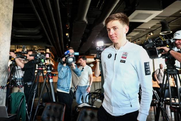 Slovenian Tadej Pogacar of UAE Team Emirates pictured during a press conference, PK, Pressekonferenz of the UAE Team Emirates cycling team ahead of the Ronde van Vlaanderen Tour des Flandres Tour of Flanders cycling race, Thursday 03 April 2025 in Waregem. The 109th edition of the cycling race will take place on Sunday 06 April. DAVIDxPINTENS  x118654985x