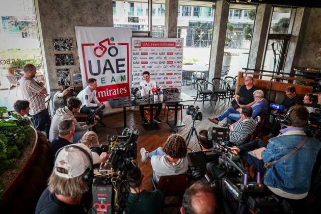 Slovenian Tadej Pogacar of UAE Team Emirates pictured during a press conference, PK, Pressekonferenz of the UAE Team Emirates cycling team ahead of the Ronde van Vlaanderen Tour des Flandres Tour of Flanders cycling race, Thursday 03 April 2025 in Waregem. The 109th edition of the cycling race will take place on Sunday 06 April. DAVIDxPINTENS  x118655090x