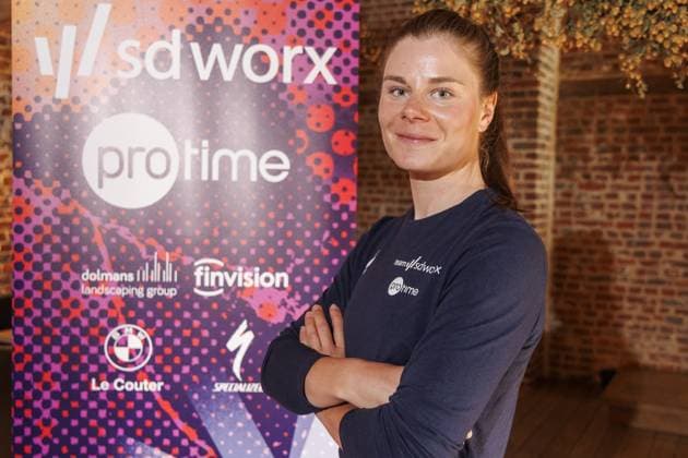 Belgian Lotte Kopecky of SD Worx-Protime pictured during a press conference, PK, Pressekonferenz of the SD Worx-Protime cycling team ahead of the Ronde van Vlaanderen Tour des Flandres Tour of Flanders cycling race, Thursday 03 April 2025 in Aalst. The 109th edition of the cycling race will take place on Sunday 06 April. NICOLASxMAETERLINCK  x118672979x