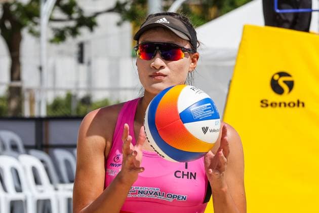 (250404) -- LAGUNA PROVINCE, April 4, 2025 -- Yan Xu of China reacts during the women s round of 16 match between Yan Xu Zhou Mingli of China and Khylem Harl Progella Sofiah Shanine Pagara of the Philippines in the AVC Beach volleyball, Beachvolleyball Tour 2nd Nuvali Open in Laguna Province, the Philippines, April 4, 2025. ) (SP)PHILIPPINES-LAGUNA PROVINCE-BEACH VOLLEYBALL-TOUR-2ND NUVALI OPEN-WOMEN RouellexUmali 