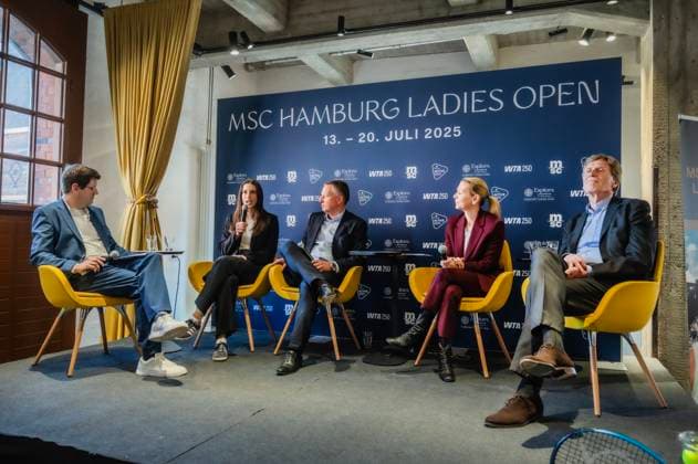 Sport Bilder des Tages MSC Hamburg Ladies Open 2025 Pressekonvererenz v.l.Marcel Meinert, Andrea Petkovic, Nils Kahn (geschäftsführer MSC), Sandra Reichel (Turnierdirektorin), Dietloff von Arnim DTB Â