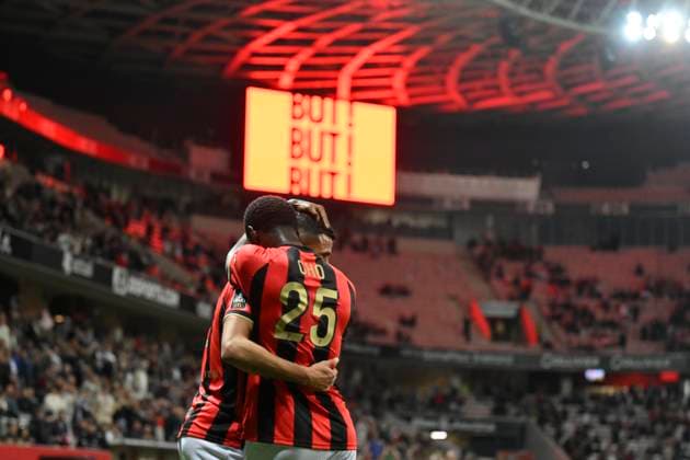 FOOTBALL : NICE vs NANTES - ligue 1 - 4 4 25 Nice™s forward 25 Mohamed-Ali Cho and =Nice™s defender 2 Ali Abdi reacts after scores a goal- French L1 football match between OGC Nice and FC Nantes at Allianz Riviera Stadium of Nice, south France, on April 4, 2025. NICEFrance  Copyright: xfredxDIDES psnewzx