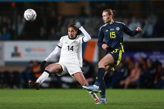 4th April 2025; Tannadice, Dundee, Scotland: Womens Nations League International Football, Scotland versus Germany; Jenna Clark of Scotland clears from Cora Zicai of Germany  ActionPlus12769628 DavidxYoung
