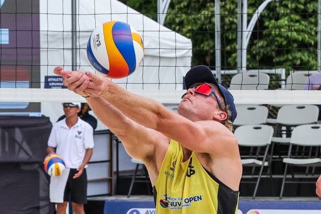 (250405) -- LAGUNA PROVINCE, April 5, 2025 -- Oliver Merritt of Australia competes during the men s semifinal match between Ben Hood Oliver Merritt of Australia and AmirAli GhalehNovi Bahman Salemiinjehboroun of Iran at the AVC Beach volleyball, Beachvolleyball Tour 2nd Nuvali Open in Laguna Province, the Philippines, April 5, 2025. ) (SP)PHILIPPINES-LAGUNA PROVINCE-BEACH VOLLEYBALL-TOUR-2ND NUVALI OPEN-MEN RouellexUmali 