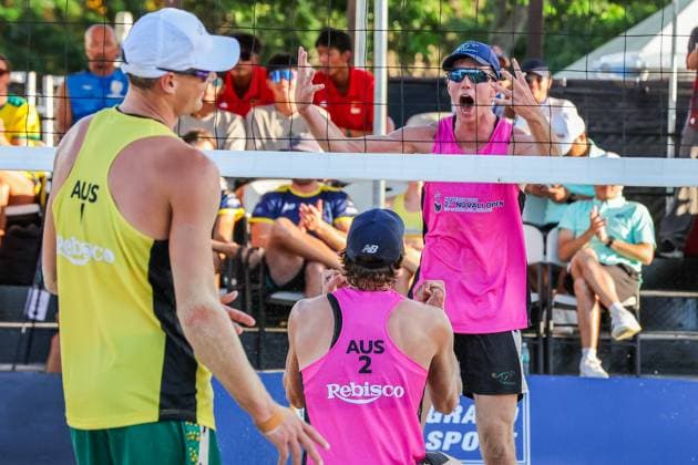 (250405) -- LAGUNA PROVINCE, April 5, 2025 -- Paul Burnett (R) and Luke Ryan (C) of Australia celebrate after winning the men s gold medal match between Paul Burnett Luke Ryan of Australia and Ben Hood Oliver Merritt of Australia in the AVC Beach volleyball, Beachvolleyball Tour 2nd Nuvali Open in Laguna Province, the Philippines, April 5, 2025. ) (SP)PHILIPPINES-LAGUNA PROVINCE-BEACH VOLLEYBALL-TOUR-2ND NUVALI OPEN-MEN RouellexUmali 