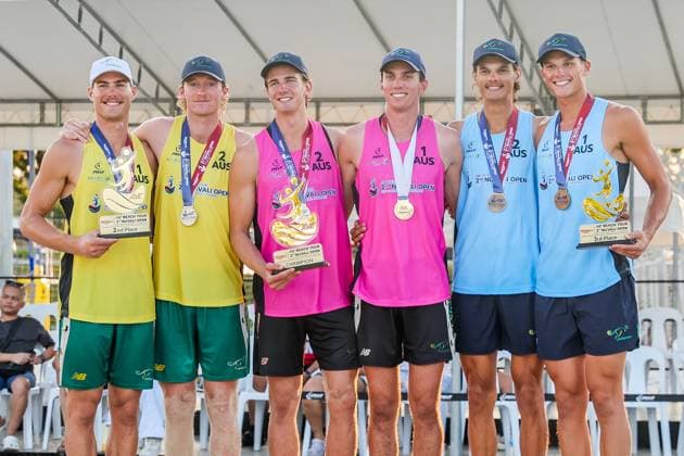 (250405) -- LAGUNA PROVINCE, April 5, 2025 -- Men s gold medalists Luke Ryan (3rd L) and Paul Burnett (3rd R) of Australia, silver medalists Ben Hood (1st L) and Oliver Merritt (2nd L) of Australia, and bronze medalists Jack Pearse (2nd R) and D Artagnan Potts of Australia pose for photos during the awarding ceremony of the AVC Beach volleyball, Beachvolleyball Tour 2nd Nuvali Open in Laguna Province, the Philippines, April 5, 2025. ) (SP)PHILIPPINES-LAGUNA PROVINCE-BEACH VOLLEYBALL-TOUR-2ND NUVALI OPEN ROUELLExUMALI 