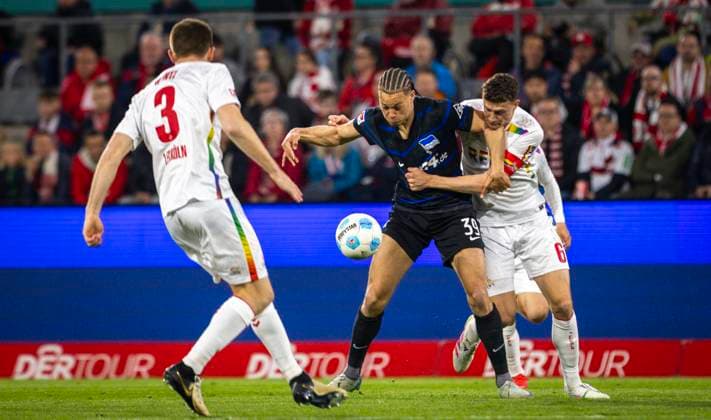 Cologne, Germany. 05th Apr 2025. Derry Scherhant (Hertha) Eric Martel (Köln) 1. FC Köln - Hertha BSC Berlin 05.04.2025