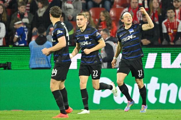 Koeln, Rheinenergiestadion, 05.04.25, GER, Herren, 2.Bundesliga, Saison 2024-2025, 1.FC Koeln - Hertha BSC Berlin Bild: Fabian REESE (Hertha BSC) jubelt nach seinem Tor zum 0:1 DFL regulations prohibit any use of photographs as image sequences and or quasi-video. NRW Deutschland