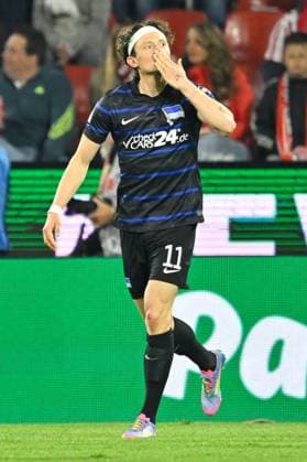 Koeln, Rheinenergiestadion, 05.04.25, GER, Herren, 2.Bundesliga, Saison 2024-2025, 1.FC Koeln - Hertha BSC Berlin Bild: Fabian REESE (Hertha BSC) jubelt nach seinem Tor zum 0:1 DFL regulations prohibit any use of photographs as image sequences and or quasi-video. NRW Deutschland