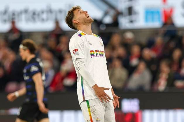 Köln, Deutschland, 05.04.25: Luca Waldschmidt (1. FC Köln) ist enttäuscht waehrend des Spiels der 2. Bundesliga zwischen 1. FC Köln vs Hertha BSC Berlin im RheinEnergie Stadion Köln RheinEnergie Stadion North Rhine-Westphalia Germany