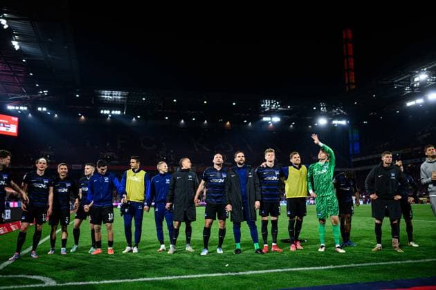 COLOGNE, GERMANY - 5 APRIL, 2025: Fabian Reese and team Hertha BSC celebrating win - The football match of 2.Bundesliga 1.FC Koeln vs Hertha BSC at Rhein Energie Stadion  Copyright: xVITALIIxKLIUIEVx