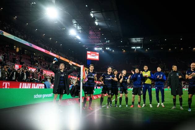 COLOGNE, GERMANY - 5 APRIL, 2025: Fabian Reese and team Hertha BSC celebrating win - The football match of 2.Bundesliga 1.FC Koeln vs Hertha BSC at Rhein Energie Stadion  Copyright: xVITALIIxKLIUIEVx