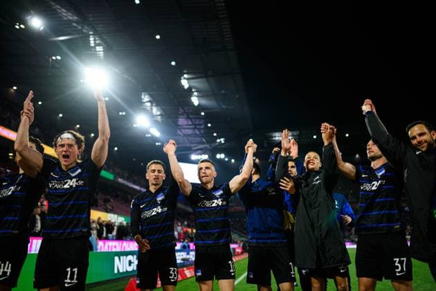 COLOGNE, GERMANY - 5 APRIL, 2025: Fabian Reese and team Hertha BSC celebrating win - The football match of 2.Bundesliga 1.FC Koeln vs Hertha BSC at Rhein Energie Stadion  Copyright: xVITALIIxKLIUIEVx