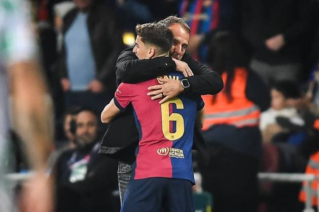 April 5, 2025, Barcelona, Spain, Spain: Pablo Martin PAEZ GAVIRA (Gavi) of Barcelona celebrate his goal with Hansi FLICK of Barcelona during the LaLiga match between FC Barcelona, Barca and Real Betis Balompie at Estadi Olimpic Lluis Companys on April 05, 2025 in Barcelona, Spain. Barcelona Spain - ZUMAm308 20250405_zsp_m308_005 Copyright: xMatthieuxMirvillex
