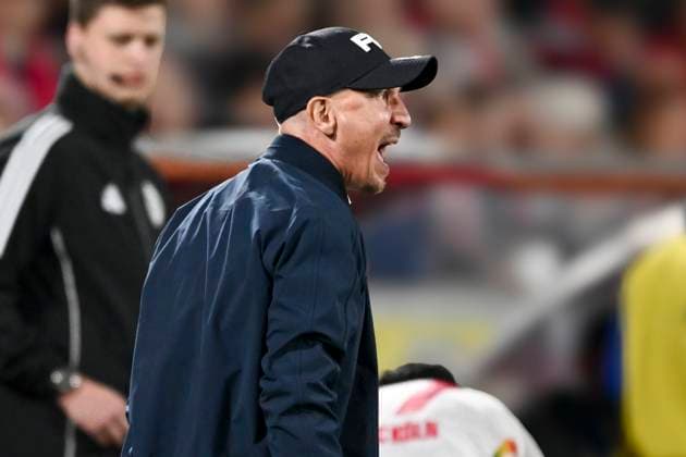 Gerhard Struber (Koeln Coach) Mimik starker Gesichtsausdruck Emotion. 05.04.2025 Fussball 1. FC Koeln vs Hertha BSC, Rheinenergiestadion, Koeln, DFB DFL REGULATIONS PROHIBIT ANY USE OF PHOTOGRAPHS AS IMAGE SEQUENCES AND OR QUASI-VIDEO