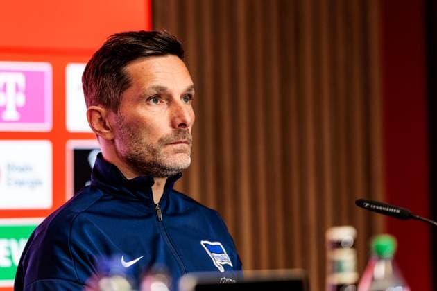 2. Fußball Bundesliga: 1. FC Köln - Hertha BSC Berlin; 05.04.2025 Cristian Fiel (Trainer Hertha BSC Berlin) während der Pressekonferenz 2. Fußball Bundesliga, 1. FC Köln - Hertha BSC Berlin, Köln, RheinEnergiestadion am 05.04.2025 DFL REGULATIONS PROHIBIT ANY USE OF PHOTOGRAPHS AS IMAGE SEQUENCES AND OR QUASI-VIDEO.