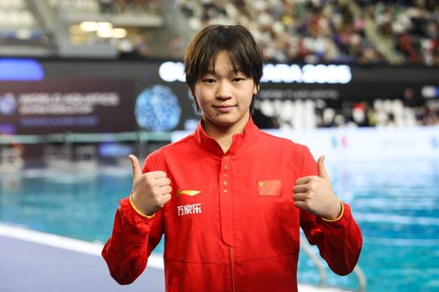 (250406) -- GUADALAJARA, April 6, 2025 -- Quan Hongchan of China reacts after the women 10m platform final at the World Aquatics Diving World Cup 2025 in Guadalajara, Jalisco, Mexico, on April 5, 2025. (Photo by Xinhua) (SP)MEXICO-JALISCO-GUADALAJARA-DIVING-WORLD CUP-WOMEN S 10M PLATFORM-FINAL DianaxMarquez 