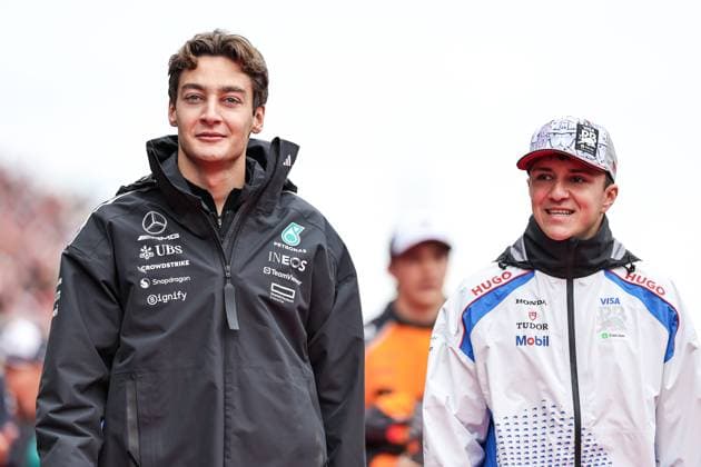 F1 Grand Prix Of Japan George Russell of Great Britain and the Mercedes-AMG PETRONAS F1 Team and Isack Hadjar of France and the Visa Cash App RB Formula One Team look on before the F1 Grand Prix of Japan at Suzuka Circuit in Suzuka, Japan, on April 6, 2025. Suzuka Mie Japan  Copyright: xPaddockerx originalFilename:paddocker-f1grandp250406_np1rv.jpg